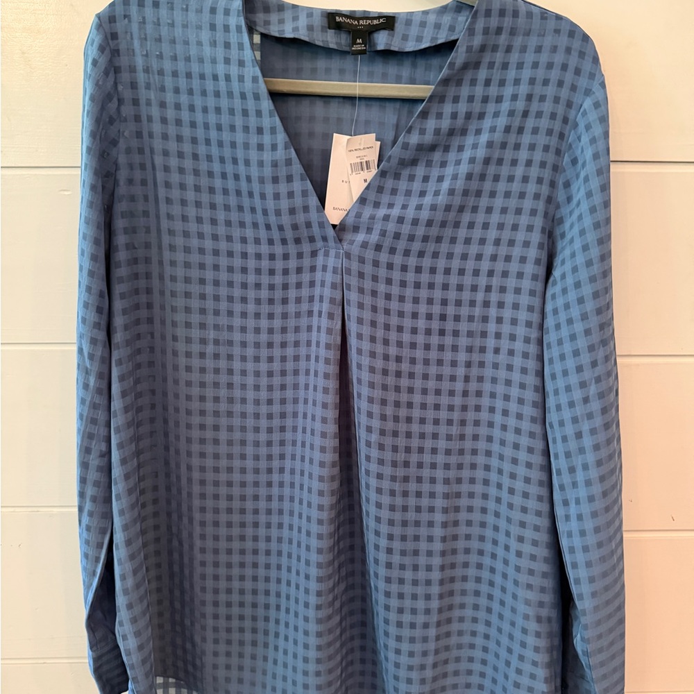 Banana Republic Blue Check V-Neck Sheer Long Sleeve Top, NWT Size M